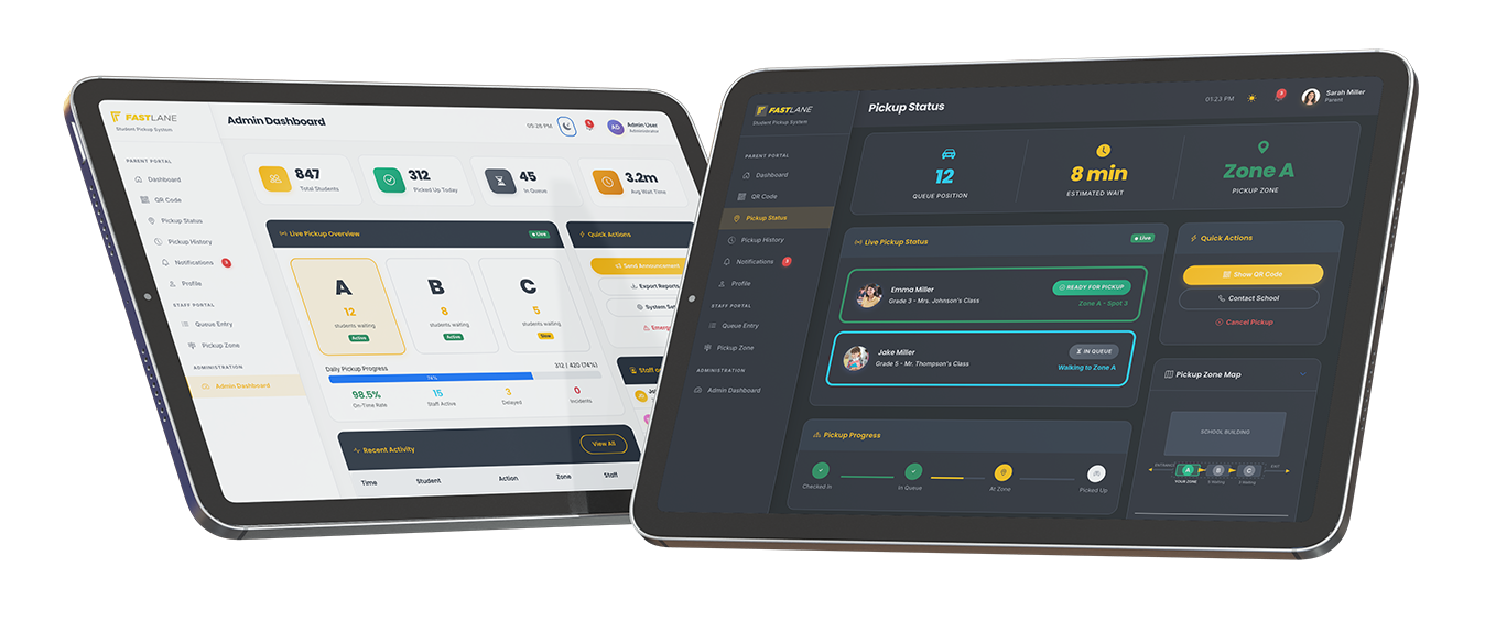 FASTLANE mobile app showing parent check-in screen