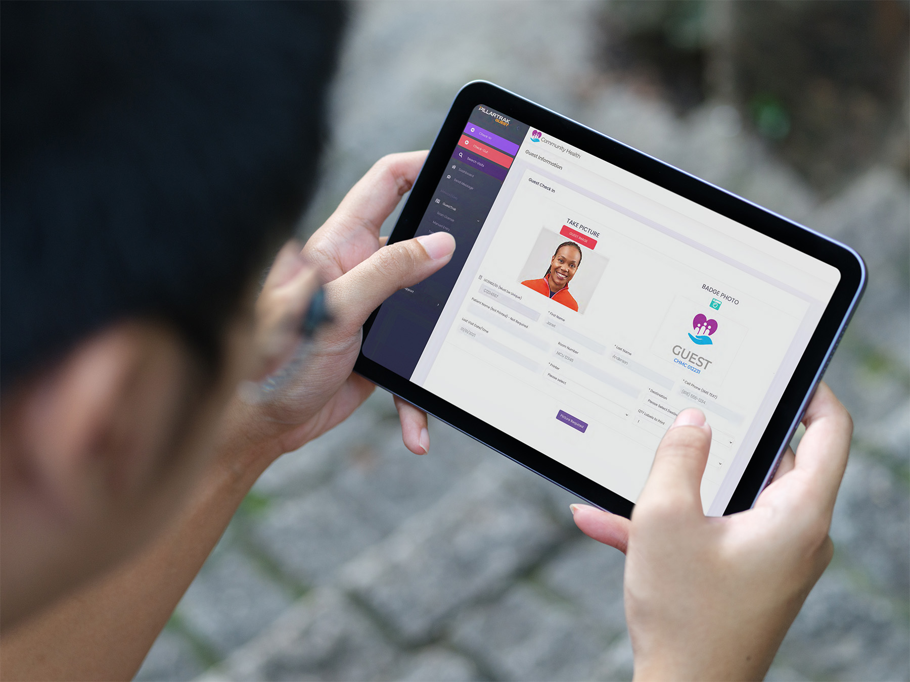PillarTrak GUEST dashboard displayed on a tablet for mobile staff access