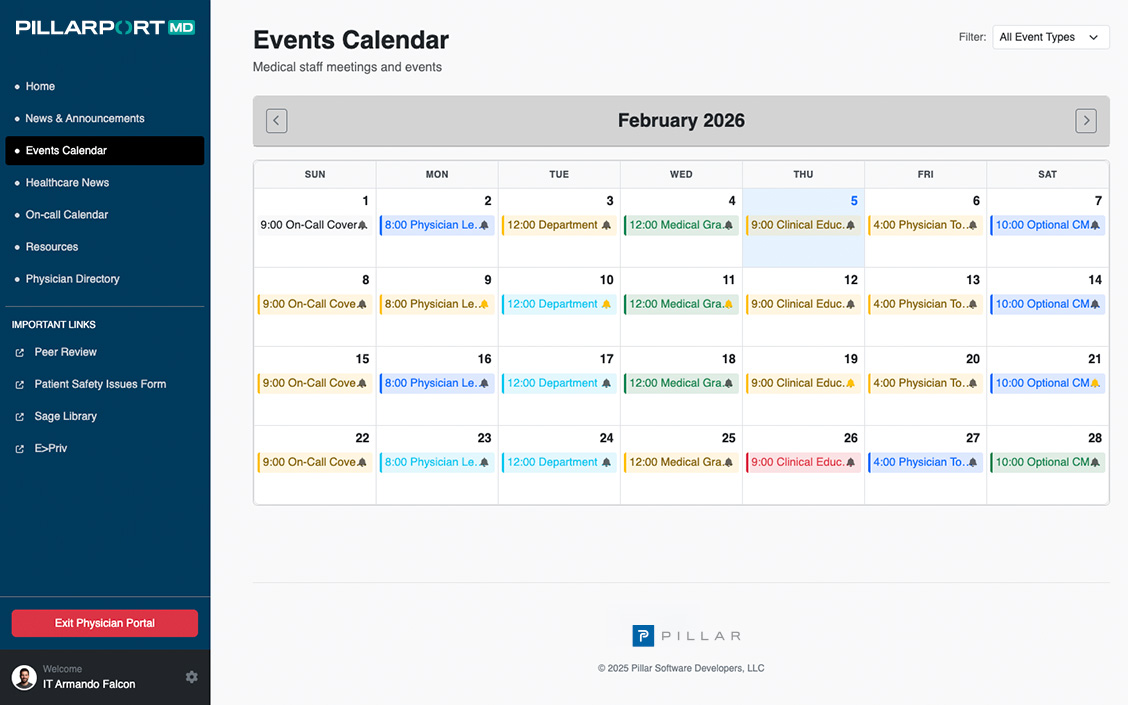 Events and on-call calendar view in Pillarport MD